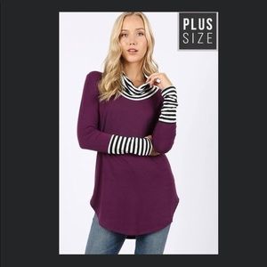 Purple Tunic with Stripe Contrast Cowl Neck and Sleeves